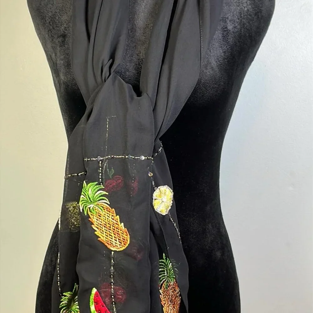 Black Sheer Scarf with Fruit Embroidered Embellishments Whimsy Fairy Vacation Fa